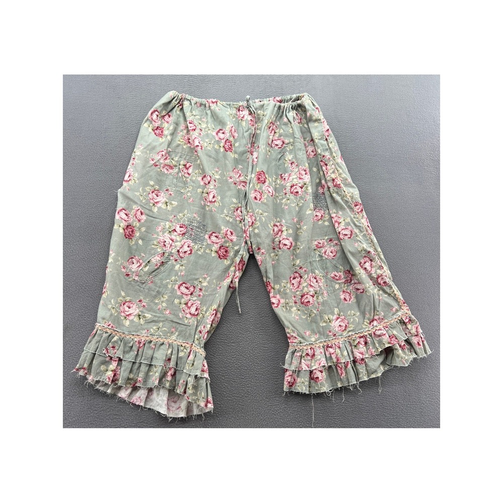 Indi & Sai Pants Womens Sz L Floral Ruffle Hem Cropped Sage Green Pink